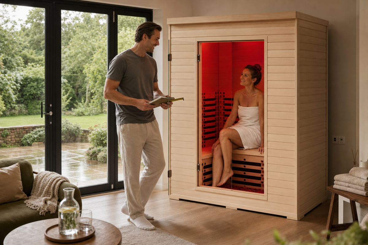 Couple checking the fit of a home infrared sauna in a British garden room
