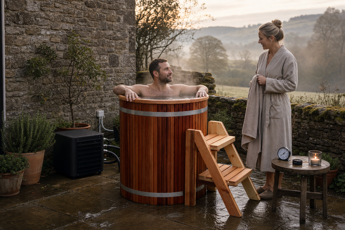 Man using a cedar ice bath with a companion in a Cotswolds courtyard