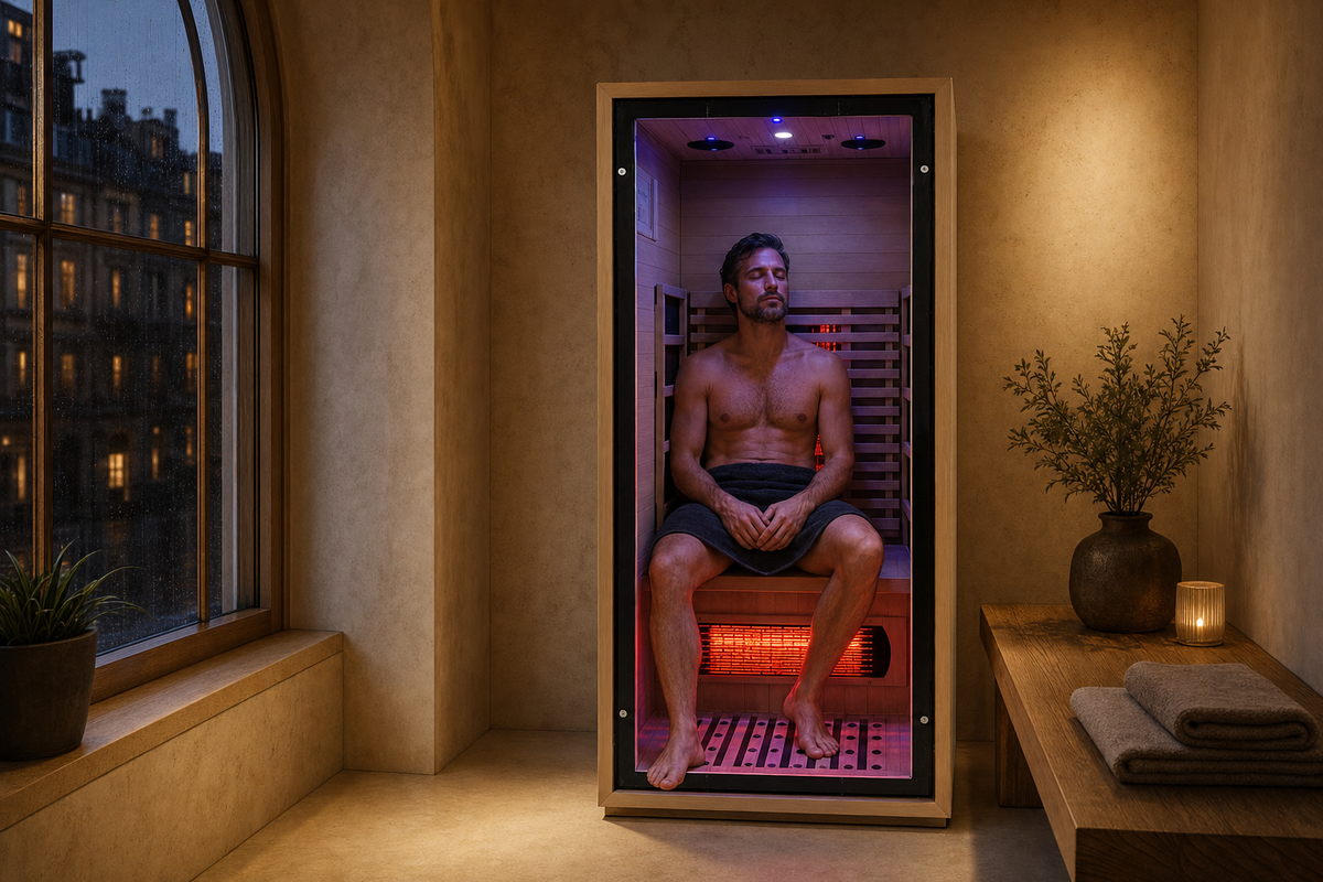 Man relaxing in a one-person infrared sauna on a rainy London evening