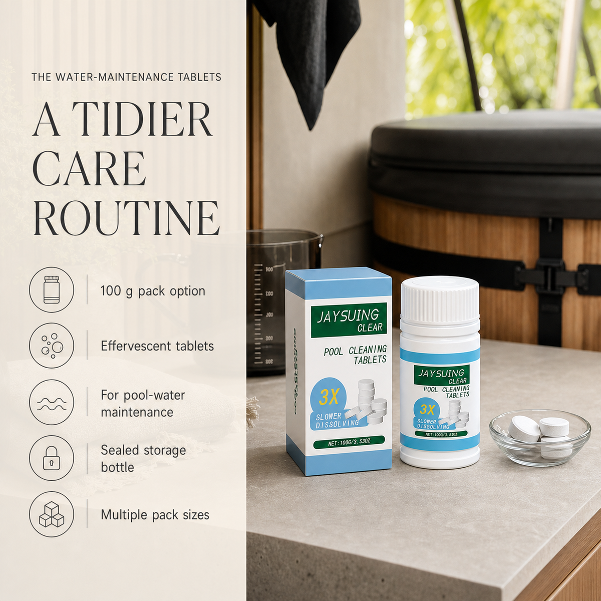 Pool-water maintenance tablet pack and storage features