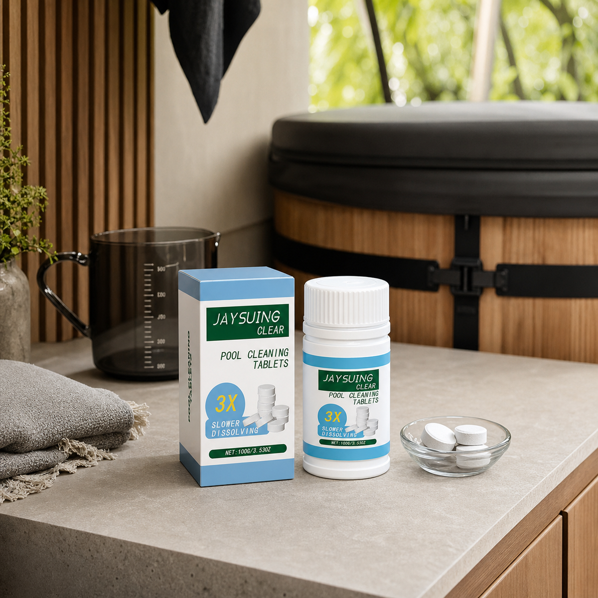 Pool cleaning maintenance tablets arranged in a dry pool-house utility area