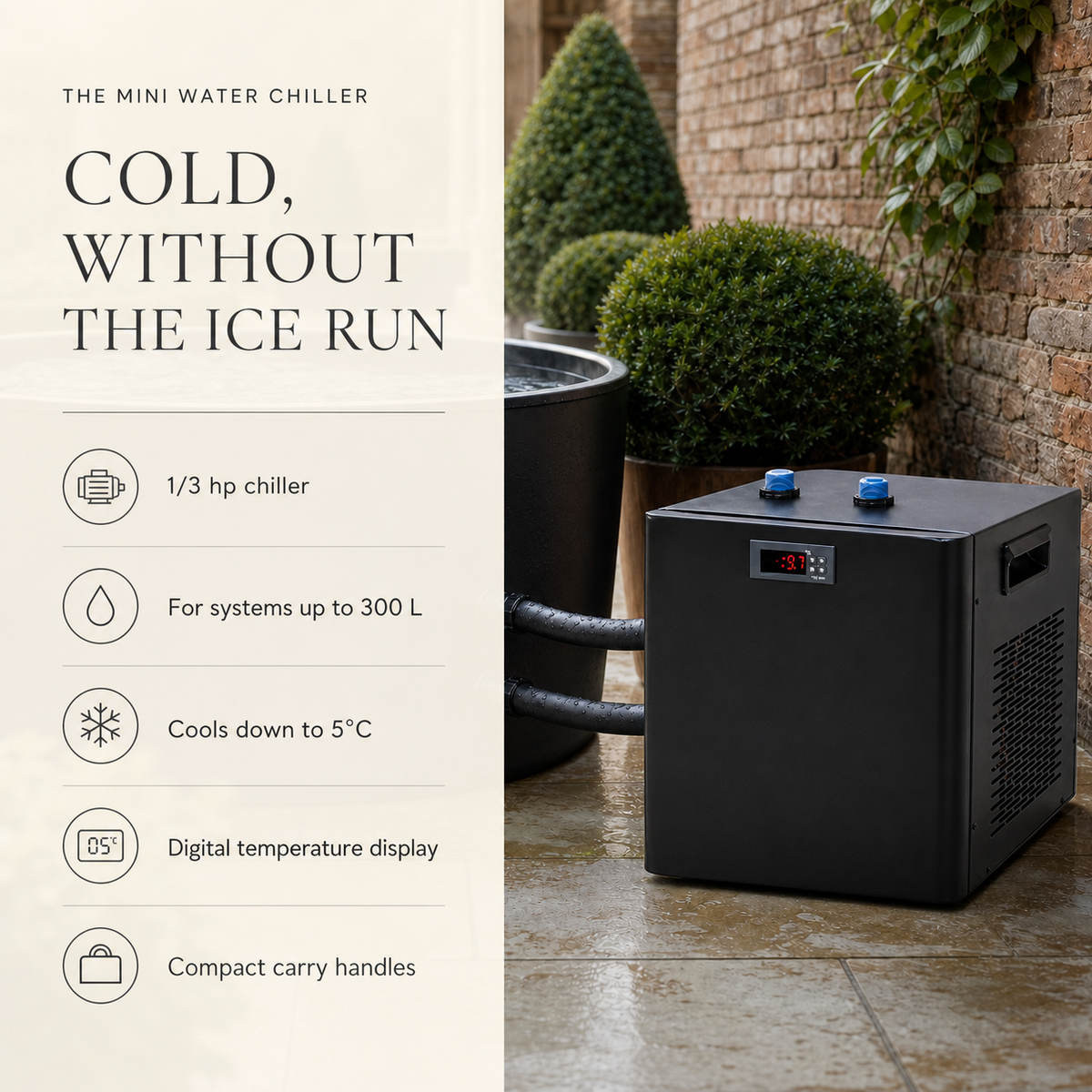 Mini cold-plunge water chiller specifications including 1/3 horsepower and 300 litre systems