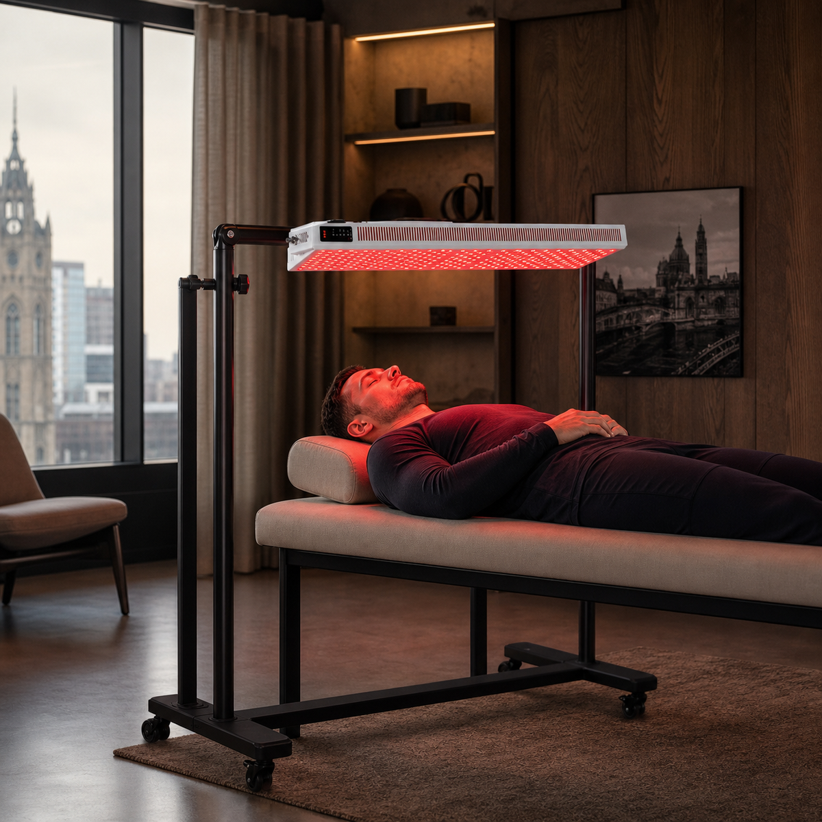 Horizontal red-light therapy panel in a contemporary Manchester recovery studio