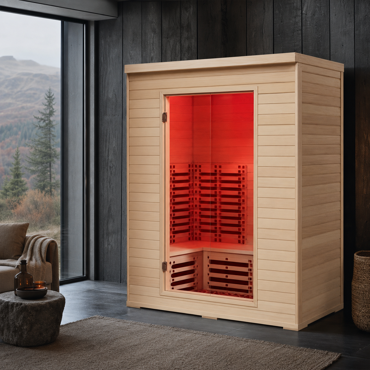 Multi-person infrared sauna in a contemporary Highland lodge