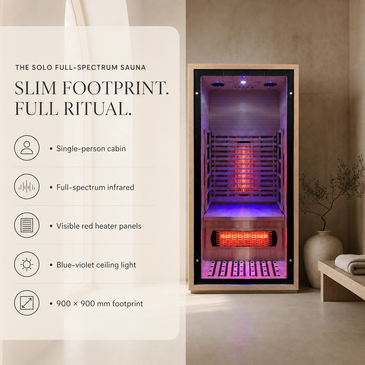Solo full-spectrum infrared sauna features and 900 by 900 millimetre footprint