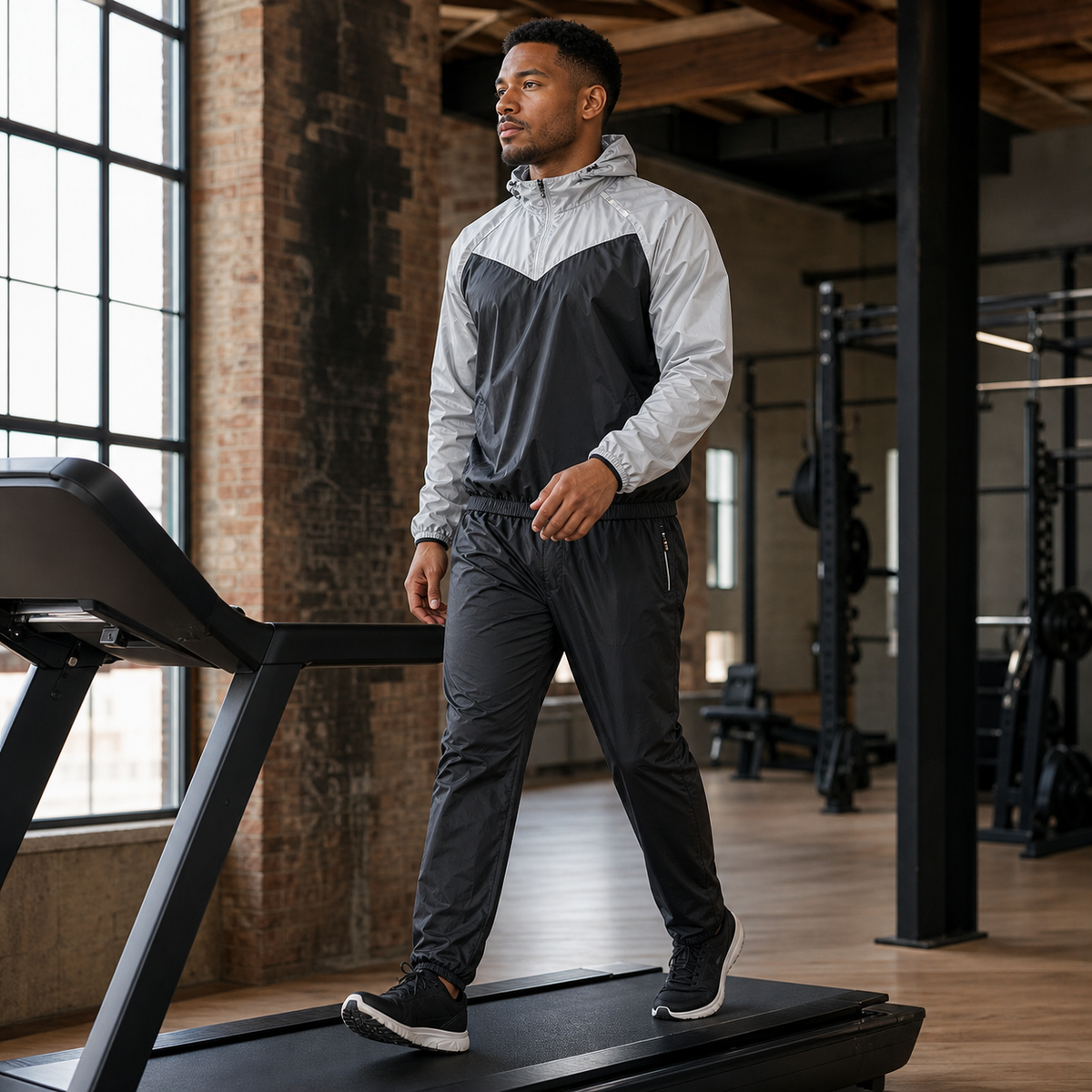 Black and silver sauna suit worn during a treadmill warm-up in a Bristol gym
