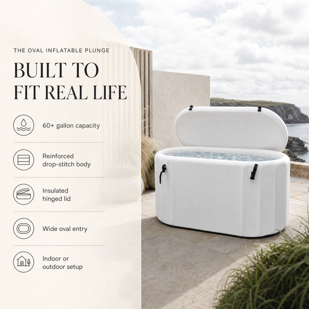 White oval inflatable cold plunge features including insulated lid and 60 gallon capacity