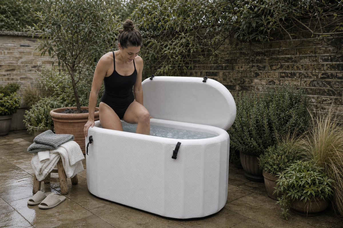 Woman entering a white inflatable cold plunge in a leafy London garden