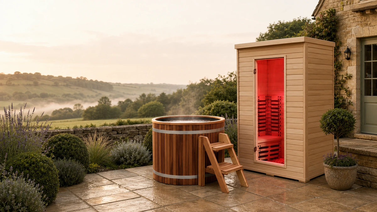A pale timber infrared sauna and white inflatable ice bath on a sheltered terrace overlooking a British garden