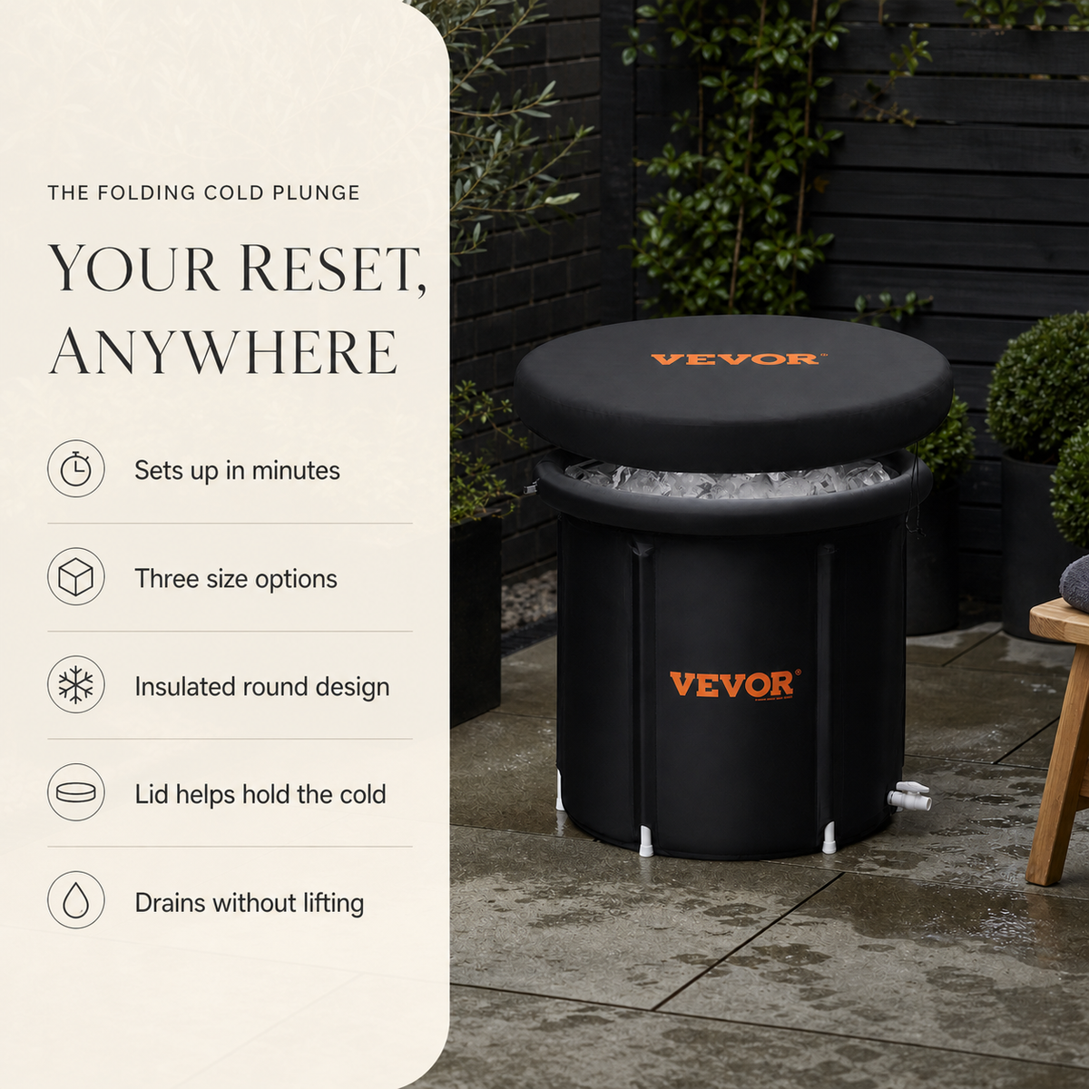 Portable folding cold plunge features including three sizes, lid and drain