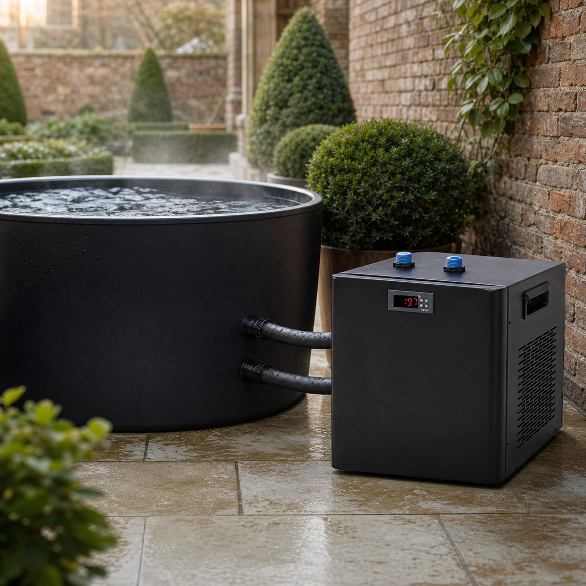 Compact black water chiller connected to a cold plunge in a Cambridge walled garden