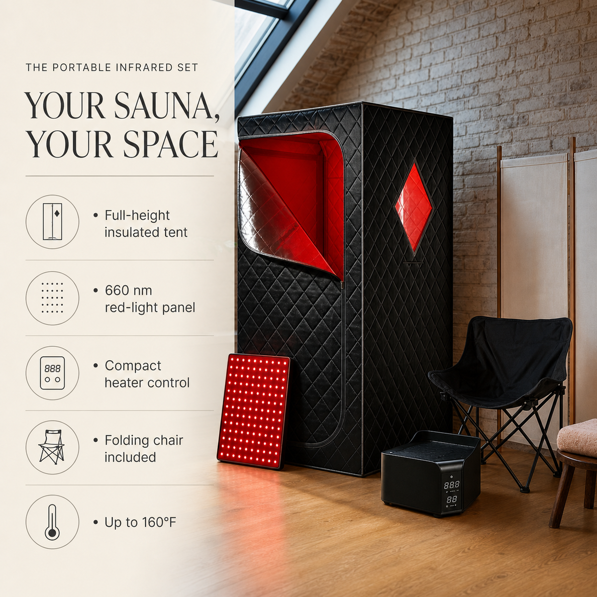 Portable infrared sauna set features including tent, red-light panel, chair and heater