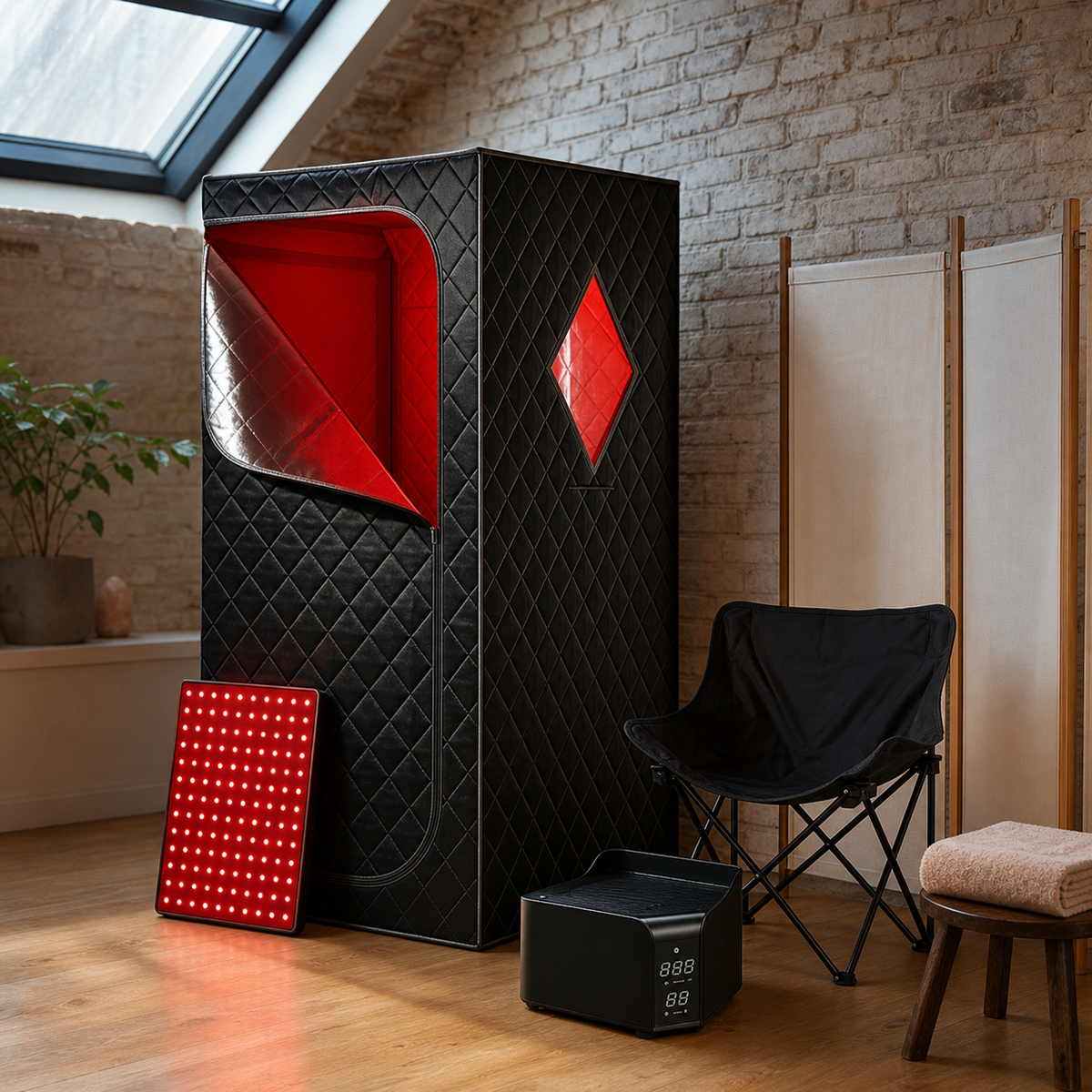 Complete black portable infrared sauna set in a Leeds loft wellness space