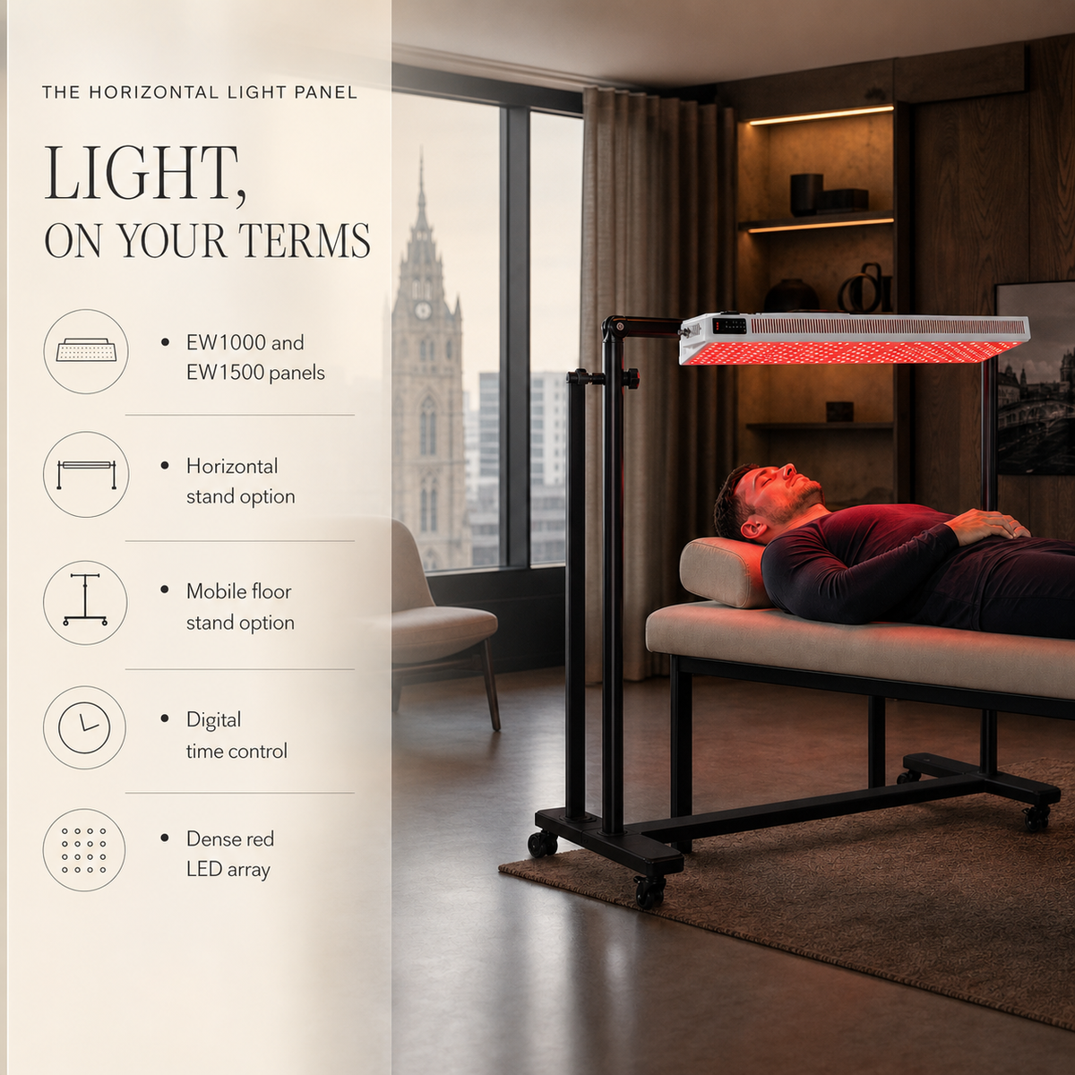 Horizontal red-light therapy panel models, stand options and controls