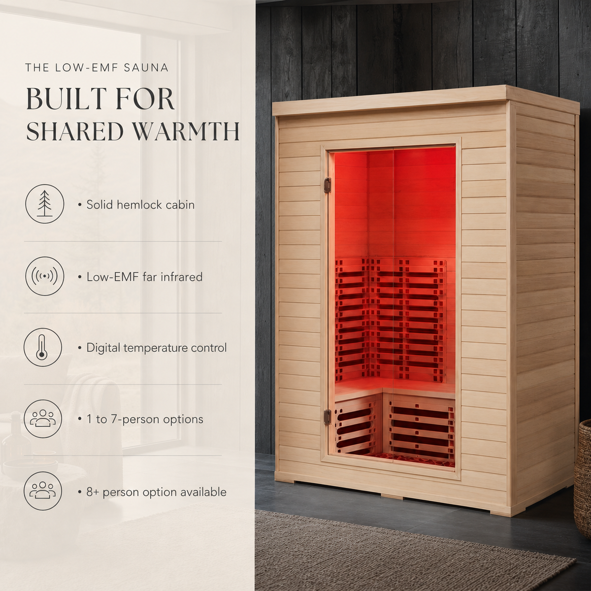 Low-EMF hemlock infrared sauna features and capacity options