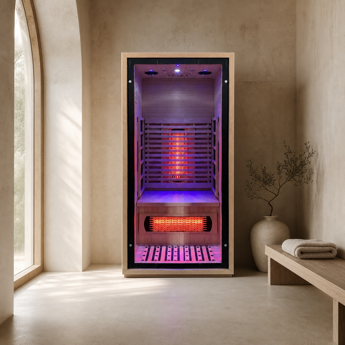 Slim full-spectrum infrared sauna in a Bath-stone wellness room