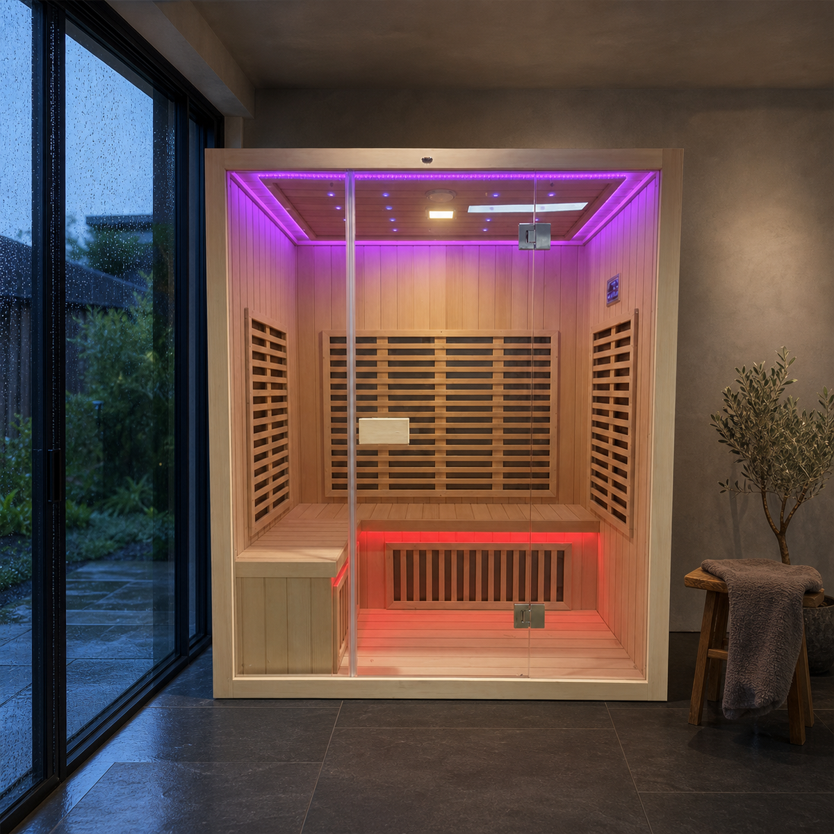 Pale hemlock infrared sauna in a rain-softened Edinburgh garden room