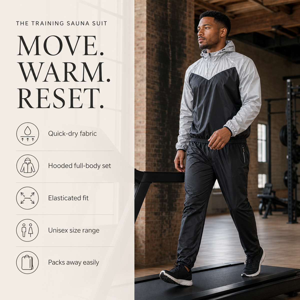 Training sauna suit features including hood, quick-dry fabric and unisex sizes