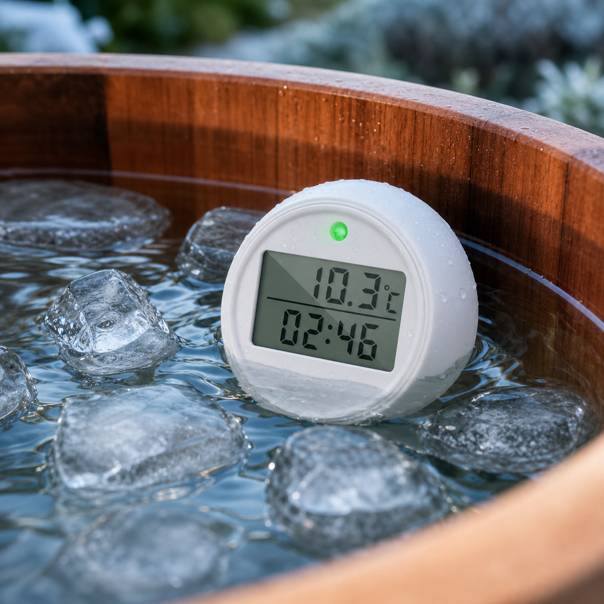 Round waterproof ice-bath thermometer floating in a cedar cold plunge