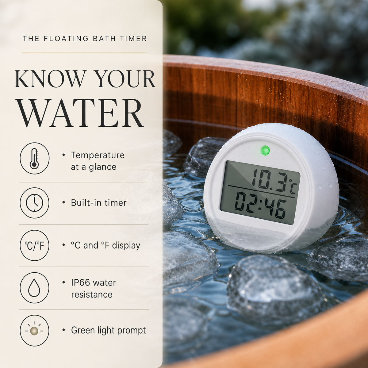 Floating bath thermometer features including timer, Celsius and Fahrenheit display
